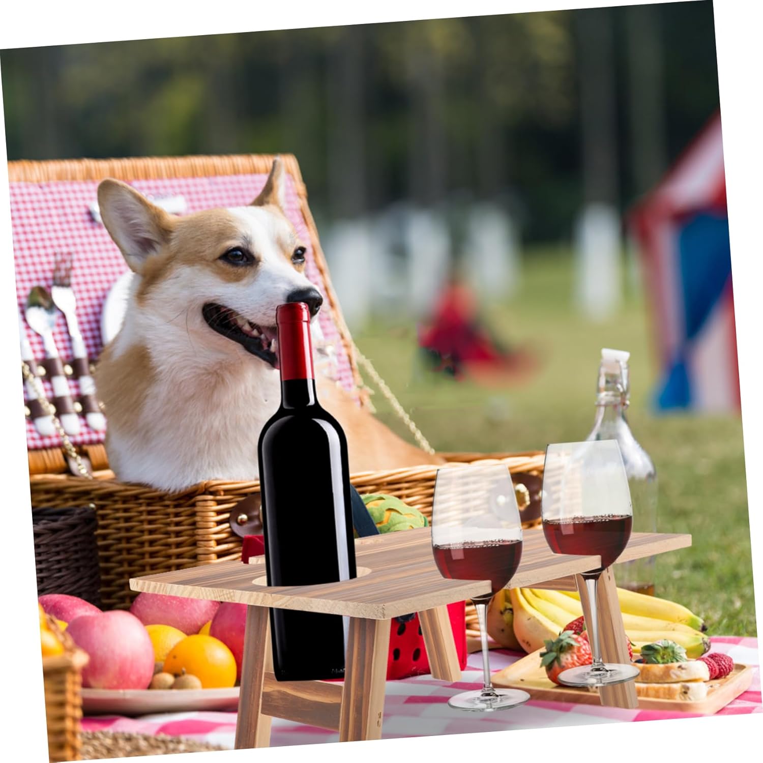 BESPORTBLE Housewarming Unique Picnic Table Wood Beverage Table Wine Storage Holder Wooden Picnic Table for Outdoors Outdoor Wine Tables Wood Picnic Table Wine Picnic Table Wine Holder