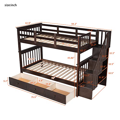 Merax Full Over Full Bunk Bed with Trundle, Wood Full Bed Frame with Staircase, Storage Space, and Guard Rail for Teens, Adults, Suitable for Bedroom, Dorm, Grey