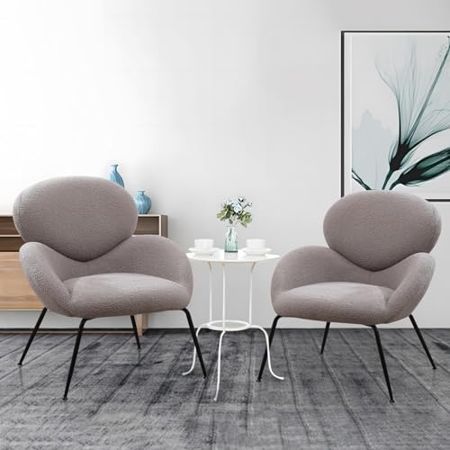 Accent Chair, Living Room Chairs Faux Fur Fabric, Modern Upholstered Sherpa Chair with Black Metal Legs, Accent Armchair with Backrest,Comfy Reading Chair for Bedroom,Relaxing,White