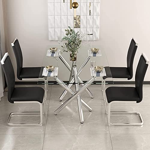 Modern Dining Table Set for 6, 7-Piece Glass Dining Room Set w/ 63in Rectangle Dining Table & 6 Faux Fur Chairs, Space-Saving Kitchen & Dining Room Set for Home, Living Room, Small Space