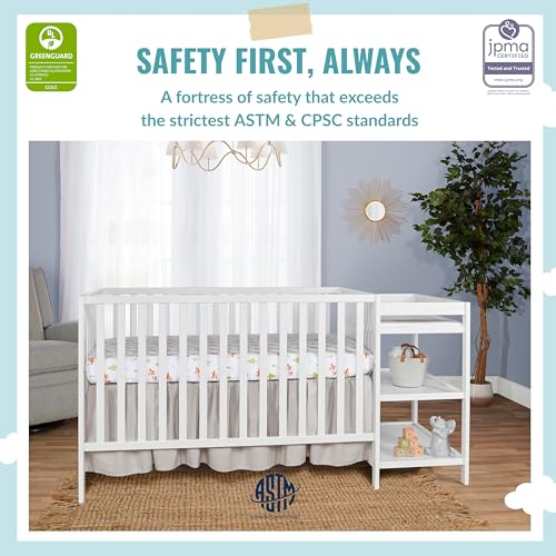 Synergy Convertible Crib and Changer in White with Detachable Changing Table, JPMA Certified, 1” Changing pad