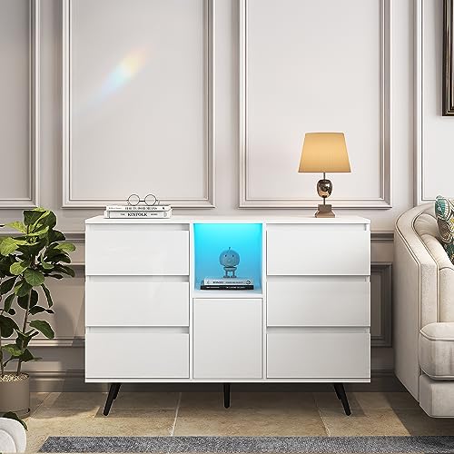 2 Doors 4 Drawers Modern Sideboard Storage Buffet Wooden Storage Cabinet Living Room Cupboard with LED Light (White)