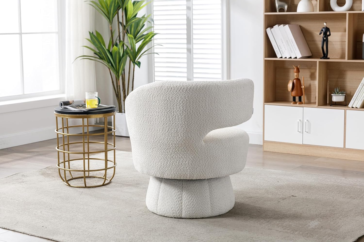 Donext 360 Degree Swivel Cuddle Barrel Accent Chairs, Round Armchairs with Wide Upholstered, Fluffy Fabric Chair for Living Room, Bedroom, Office, Waiting Rooms Beige Right