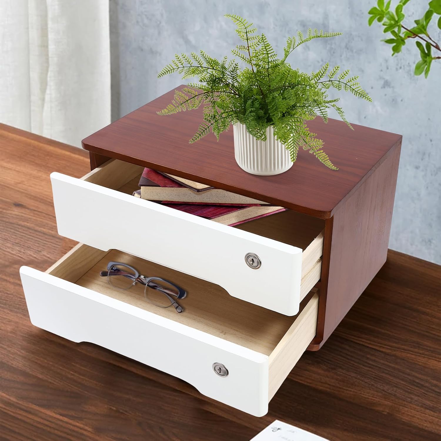2-Tiers Wooden Desktop Storage Box with Lockable Drawers, Office Supplies File Organizer, Flat File Cabinet Store Stamps, Sticky Notes, Paper Clips, Scissors, for Office, Walnut&White Color