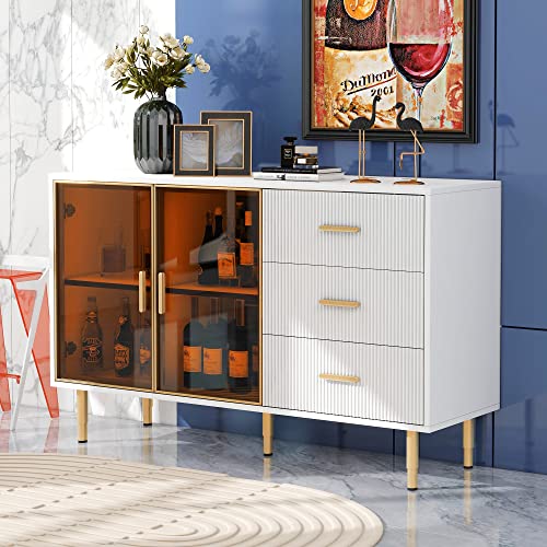 LUMISOL Storage Sideboard Cabinet with Drawers for Living Dining Room Entryway, Wood Kitchen Sideboard Storage Cabinet Modern Style with Sturdy Metal Legs, Sideboard Console Table