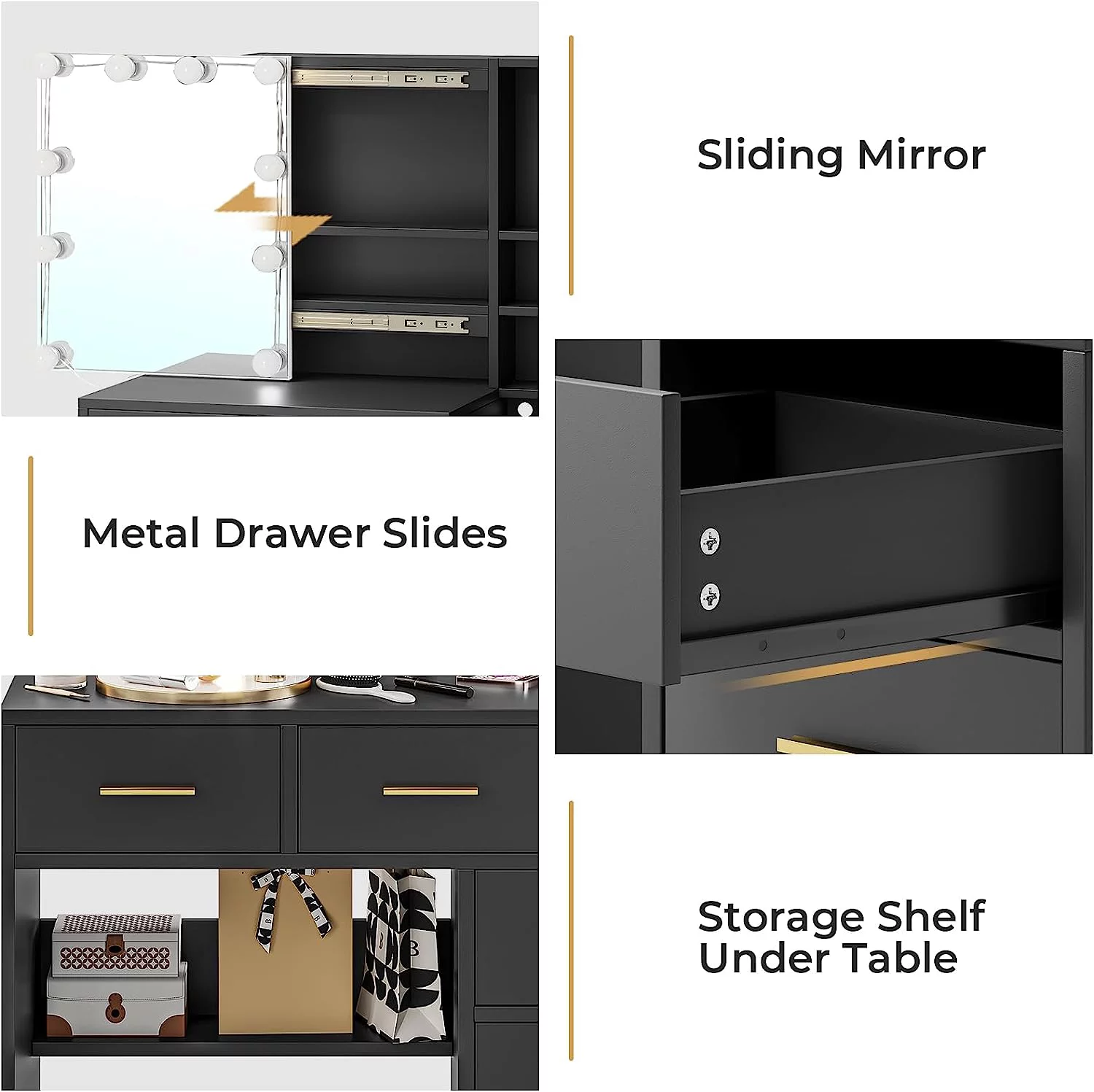 Vanity Table with Charging Station, Modern Dressing Table with 5 Drawers, Black