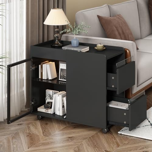 Modern End Table with LED Light and Wheels,Wood Sofa Side Table with Transparent Brown Glass Door,2 Storage Shelves and Drawers for Living Room Study Office (Black)