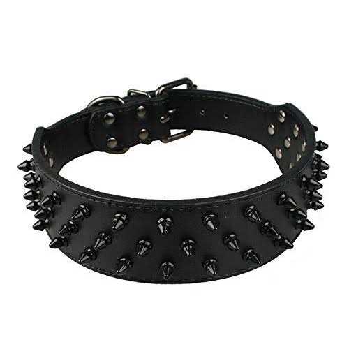 Dogs Kingdom Leather Black Spiked Studded Dog Collar 2 Wide - Pet Supplies online store