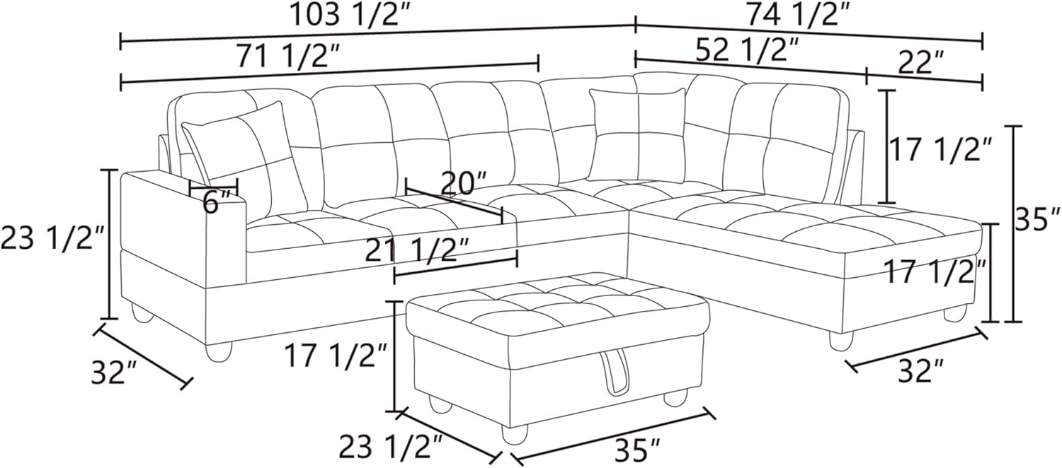 RITSU 3 Piece L Shaped Sectional Sofa Set with Storage Ottoman, Right Facing Chaise Longue, Reversible Backrest w/ 2 Cup Holders, Flannel Tufted Cushions, for Living Room, Off White, 103inch
