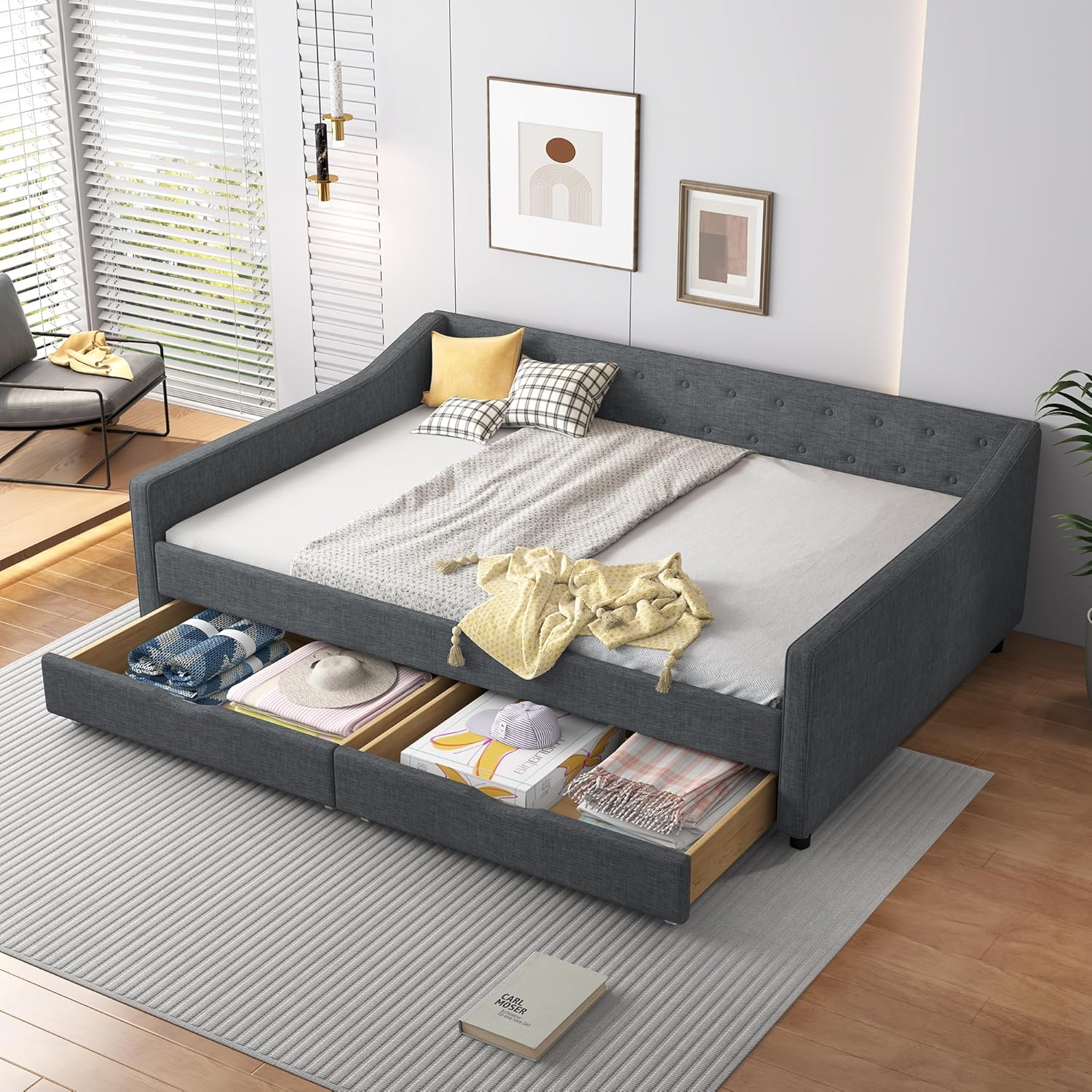 Ball & Cast Full Bed Frame with Storage,Full Size Daybed with 2 Storage Drawers,w/Button Tufted Backrests, Strong Wood Slat Support,Bedroom furniture（Dark gray）