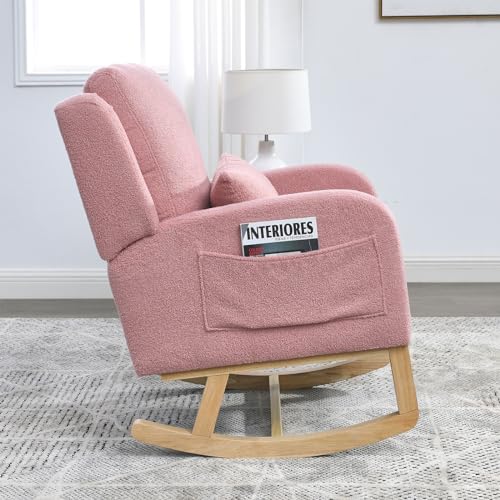 Modern Rocking Chair for Nursery, Upholstered Accent Rocker Single Sofa Armchair with High Back Backrest Armrest Side Pocket for Living Room Baby Room Bedroom Office Pink Teddy