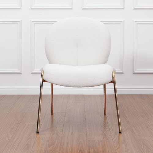MAVA Modern Boucle Chair with Gold Metal Legs, White Upholstered Dining Chairs, Comfy Sherpa Barrel Accent Furniture, Funky Boucle Teddy Boucle Dining Chair Assembled