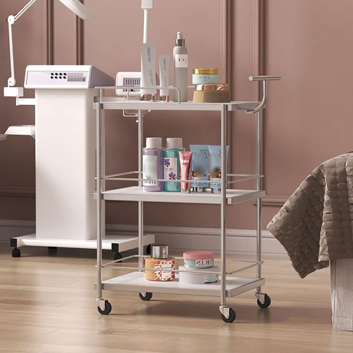 3 Tier Serving Trolley Cart/Bar Cart/Drinks Trolley/Beauty Trolley,Metal Rolling Cart for Home Built-in Handle,Kitchen Utility Storage Trolley