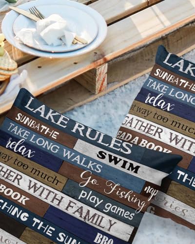 ALAGEO Outdoor Waterproof Pillow Covers for Patio Furniture Lake Rules on Wood Grain Decorative Throw Pillow Cover Rustic Old Wooden Pillowcases Set for Sofa Couch Home Decor 16x16 inch x 2pcs