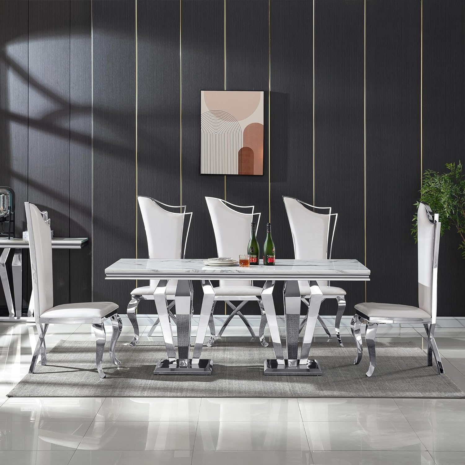 Henf Luxury Dining Table Set for 6, 7 Piece Faux Marble Kitchen Dining Room Table and 6 White PU Leather Upholstered Chairs w/Stainless Steel Legs, Modern Marble Kitchen Dining Table and Chairs Set