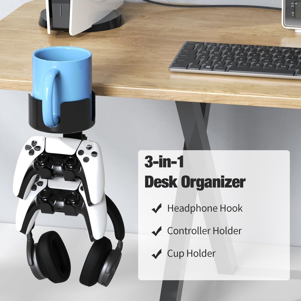 360° Rotating Desk Controller Headphone Holder - Larger Desk Cup Holder with Adjustable Headset Hanger Controller Stand | Clamp On Desk Organizer | Gaming Desk Accessories