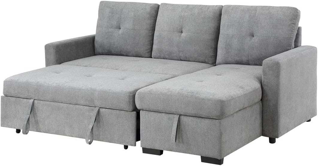 Lilola Home Serenity Gray Fabric Reversible Sleeper Sectional Sofa with Storage Chaise