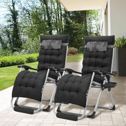 MoNiBloom Zero Gravity Lounge Chairs Set of 2 with Cushion, Padded Patio Anti Gravity Recliner, Foldable Outdoor Lounger with Cup Holder Tray, Headrest and Footrest for Beach Camping