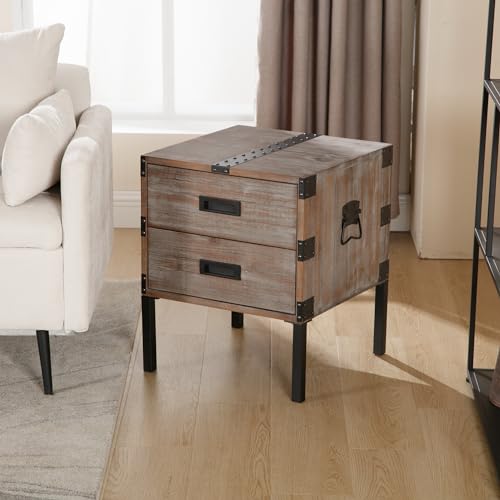 Industrial Square Side Table with 2 Drawers Rustic Brown End Side Table with Metal Legs, Mid Century 18