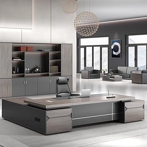 94 Inch Executive Desk with Power Outlet and Drawer, Large L Shaped Computer Desk with Storage Cabinet, Gaming Table Workstation Drawers, Business Furniture for Home Office