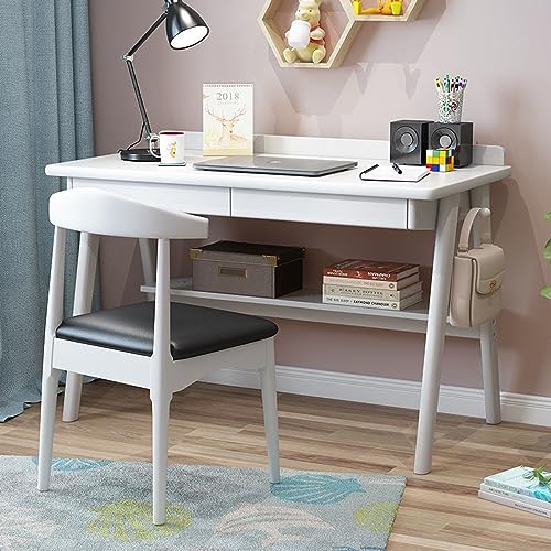 Writing Desk with 2 Drawers and Storage Shelf, Modern Simple Solid Wood Writing Study Desk Workstation Home Office Desk(39Inch, White)