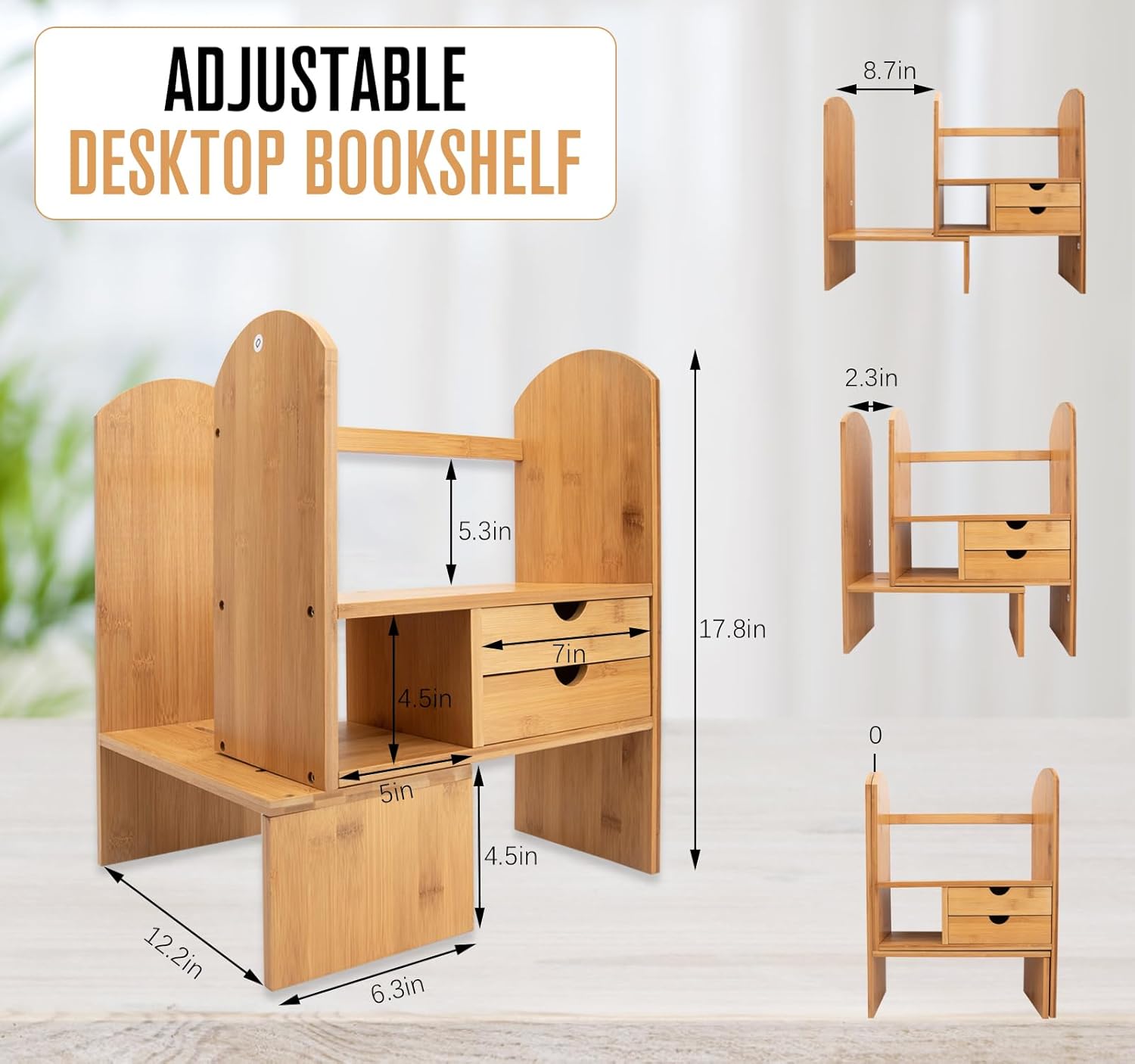 Bamboo Desktop Bookshelf Organizer, Adjustable Desk Organizer Shelf, Desk Rack storage