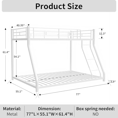 Majnesvon Metal Bunk Bed, Twin Over Full Size Beds with Angled Ladder, High Guardrail and Metal Slats, No Boxspring Required, Space-Saving/Noise-Free (Black)