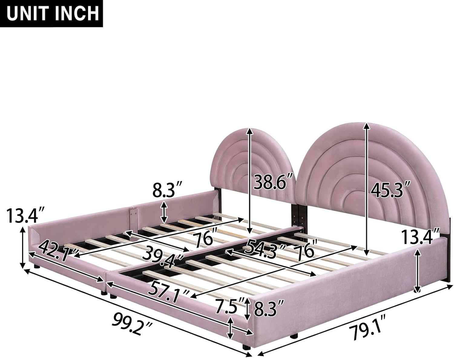 Twin+Full Double Bed Frames for Kids, Velvet Upholstered 2 Princess Platform Beds with Semicircular Headboard, Can be Separated 2 Beds, No Box Spring Needed, Easy Assembly, Pink