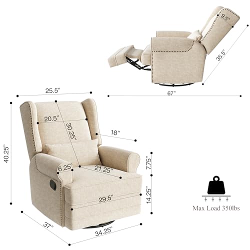 Kiss the Water Swivel Recliner Chair with Adjustable Back and Footrest, Comfy Rocker Recliner Chair with Carbon Steel Base, Glider Recliner Nursery Chair for Living Room, Bedroom, Nursery, Beige