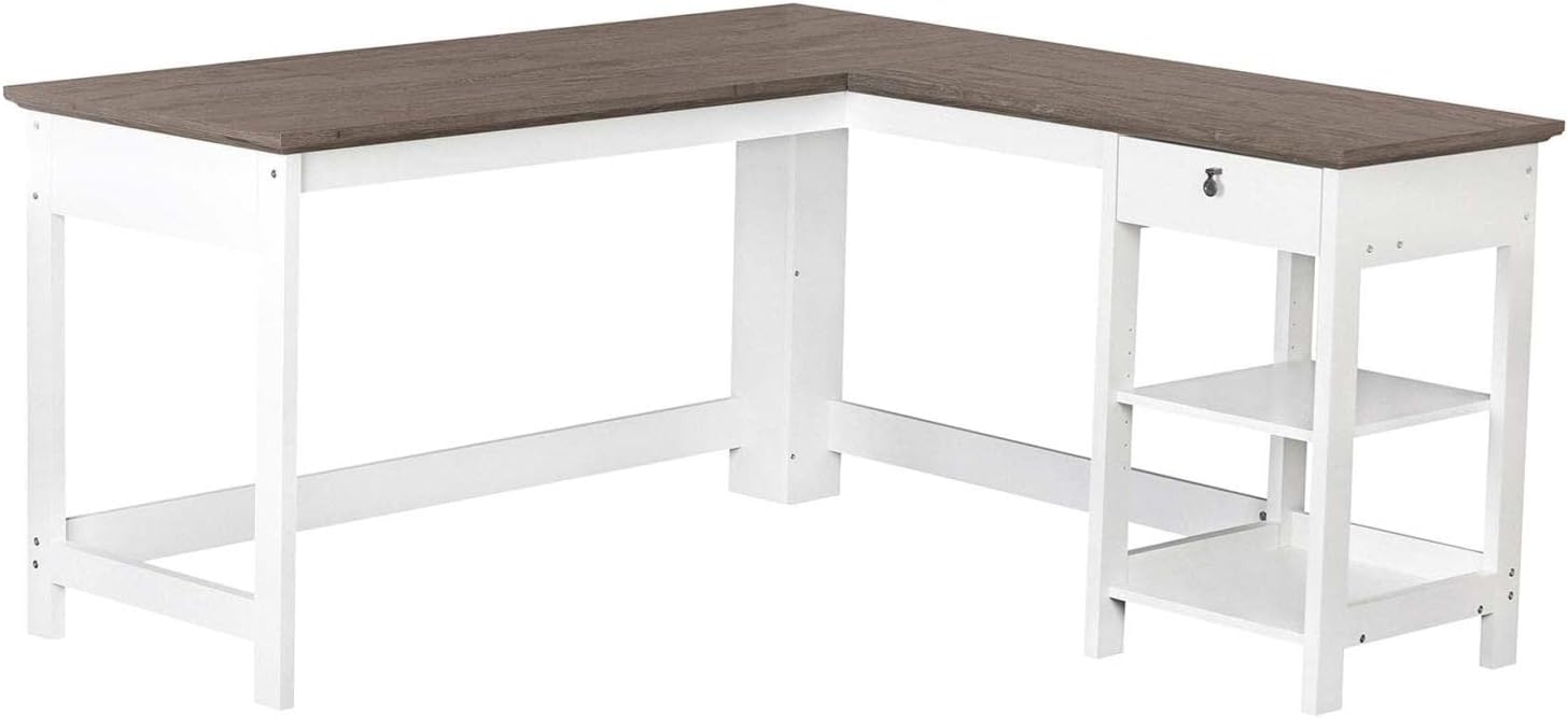 Finley L-Shaped Modern Wood Writing Desk in White/Driftwood