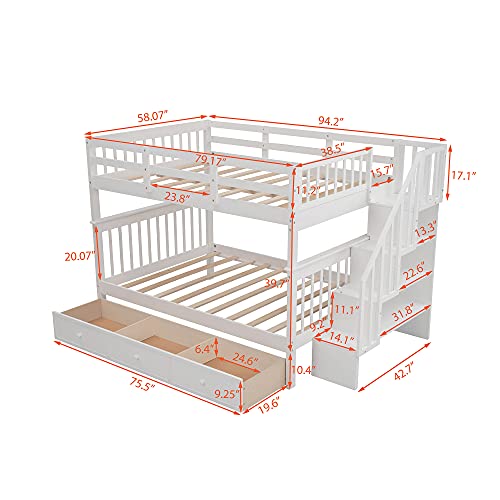 Twin-Over-Full Bunk Bed with Drawer,4 Storage and Guard Rail, Twin-Over-Full Bunk Bed for Bedroom, Dorm, for Family,Teens,No Box Spring Needed