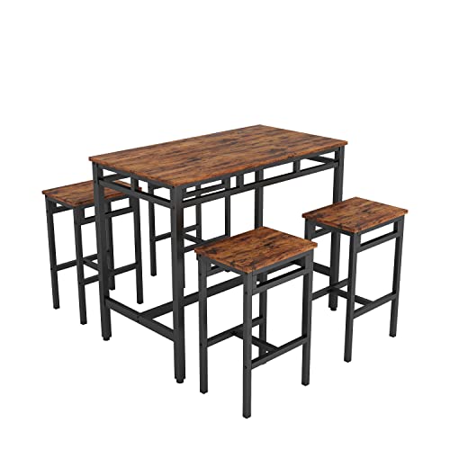 Bar Table Set 5pc, Farmhouse Kitchen Table and Chairs Set High Top Dining Table with 4 High Stools Dining Table Set for 4 for Small Places, Home, Kitchen-Rustic Brown