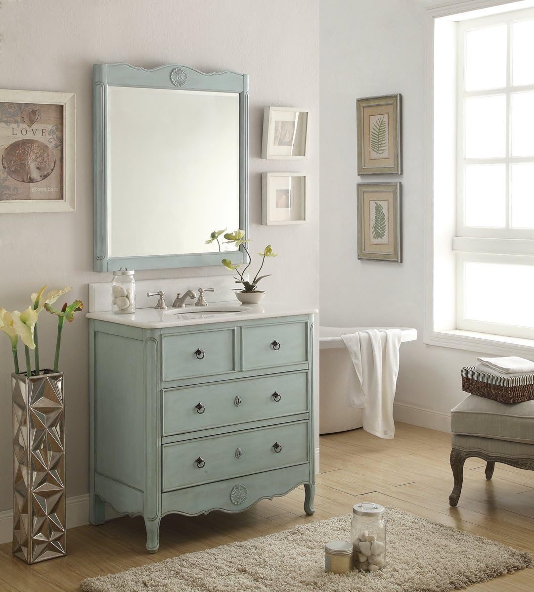 Benton Collection 34” Cottage look Daleville Bathroom Sink vanity w/matching Mirror HF-081LB-MIR (Light Blue)