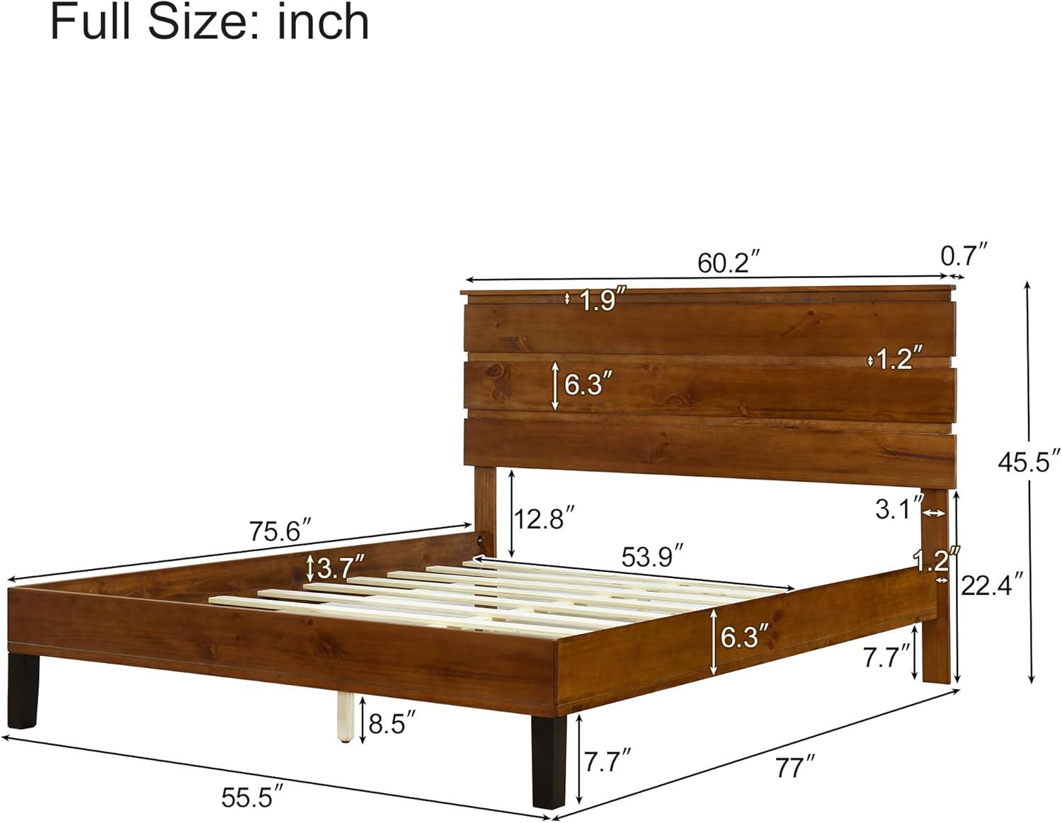 Mid-Century Modern Full Size Platform Bed with Three-Piece Headboard,Unique Design Solid Wood Bed Frame with Wood Slat Support,No Box Spring Needed,Easy Assemble