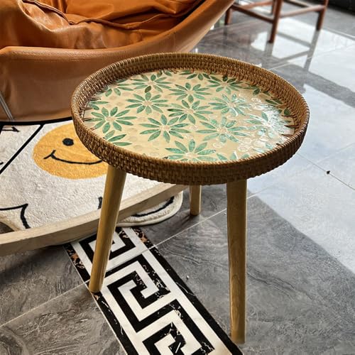 Round End/Side Tables for Living Room, Bedrooms, Pedestal Plant Stand for Balcony, Handmade Rattan Tray with 3 Legs, Mother of Pearls Inlay Coffee/Accent Table (Bohemia)