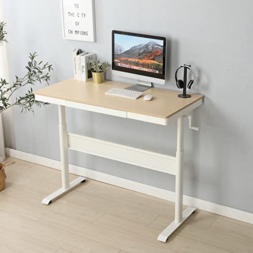Standing Desk with Metal Drawer White Tabletop Computer Desk Adjustable Height 29.5''-47.6'' Stand up Desk Sit Stand Home Office Writing Desk Ergonomic Workstation, Weight Capacity 220 lbs
