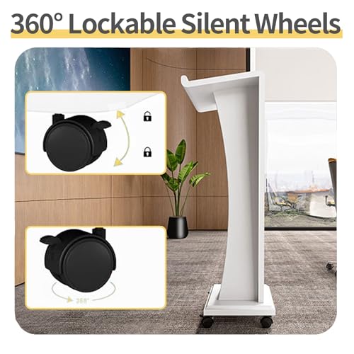 Lectern Podium Stand Solid Wood Podium Rolling Podium Table Lectern Floor Standing Podiums Reception Podium Desk Pulpits for Churches Mobile Speaking Lectern with Wire Holes and Storage,White