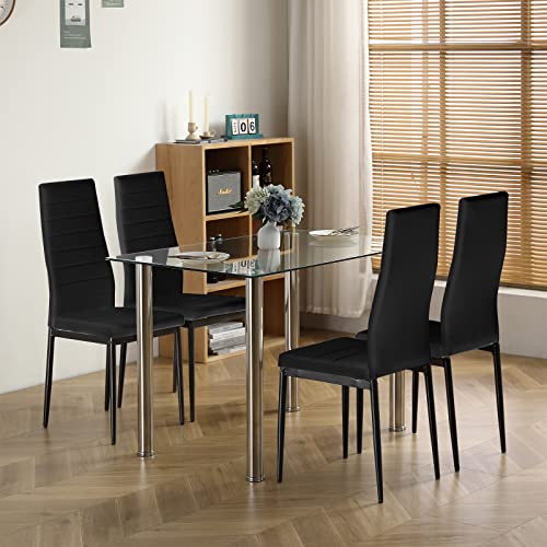 Henf 5 Pieces Dining Table Set, Modern Dining Table Set for 4 Persons with Tempered Glass Top Table and 4 PU Leather Chairs for Breakfast Dining Room Kitchen Furniture, Black (Black 4)