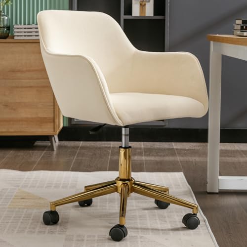 Modern Velvet Fabric Material Home Office Chair Can Adjustable Height and 360 revolving, Upholstered Counter Height Chair with Gold Metal Legs and Universal Wheels for Bedroom, Office, Pink