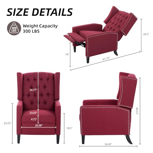 Wing Back Recliner Chair for Living Room, Push Back Reclining Chairs Club Accent Chair Lounge Armchair, Comfy Fabric Arm Chair with Rivet Decoration, Tufted Back, Solid Wood Legs, Blue