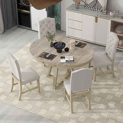 Merax, Natural 5-Piece Retro Functional Dining Set, Wood 16