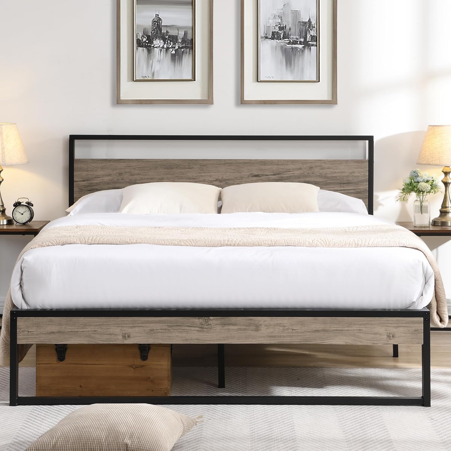 Queen Size Bed Frame with Headboard and Footboard, Metal Platform Queen Bed Frame with Under Bed Storage, Heavy Duty Metal Slats Support, No Box Spring Needed, Easy Assembly