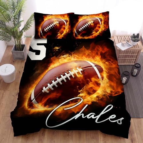 Football Bedroom Decor For Boys Custom Name Helmet And Football Comforter Set Queen Size Football Bedding Football Full Size Comforter Stars Stripes Duvet Sets For Kids Teens Adult Bedroom Decor