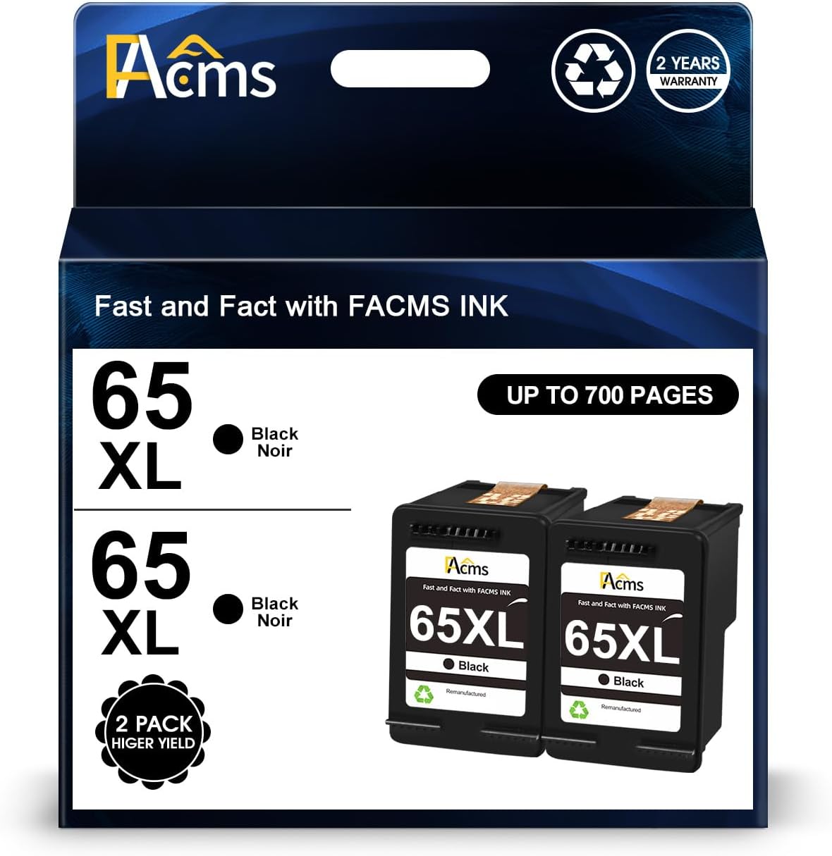 65XL Black Ink Cartridges Replacement for HP 65XL 65 XL Ink Cartridge for Envy 5055 5052 5058 DeskJet 3755 2652 2655 3722 3723 3752 3758 3730 3720 3700 2622 2655 Printer(2 Black)