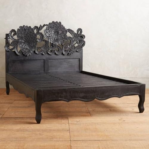 Handmade Carved Queen Size Bed Frame Home Decor Sunflower Bed Frame, Wall Mounted Hanging Wooden Panels, Hand Carved Mango Wood Furniture, Rustic Black Color