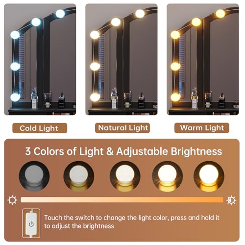 Tiptiper Vanity Desk with Tri-Fold Mirror and Lights, Makeup Vanity with Wood Upholstered Stool, Vanity Table with 5 Drawers & 8 Jewelry Hooks, Small Vanity, Pink