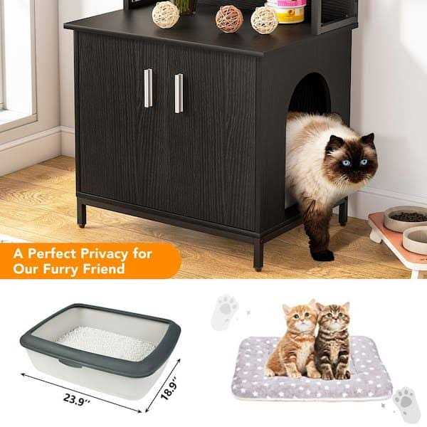 Kellum Black Litter Box Enclosure, Industrial Cat Cabinet with Shelves and Doors - Pet Supplies online store