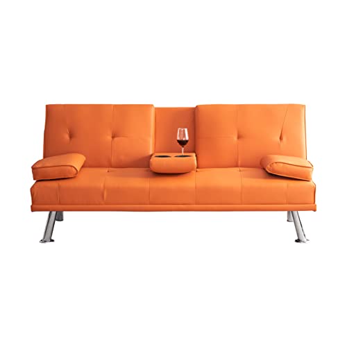 Futon Sofa Bed Modern Folding Set Faux Leather Convertible for Offices, Featuring a Coffee Table and Multi-Positional Comfort, Orange