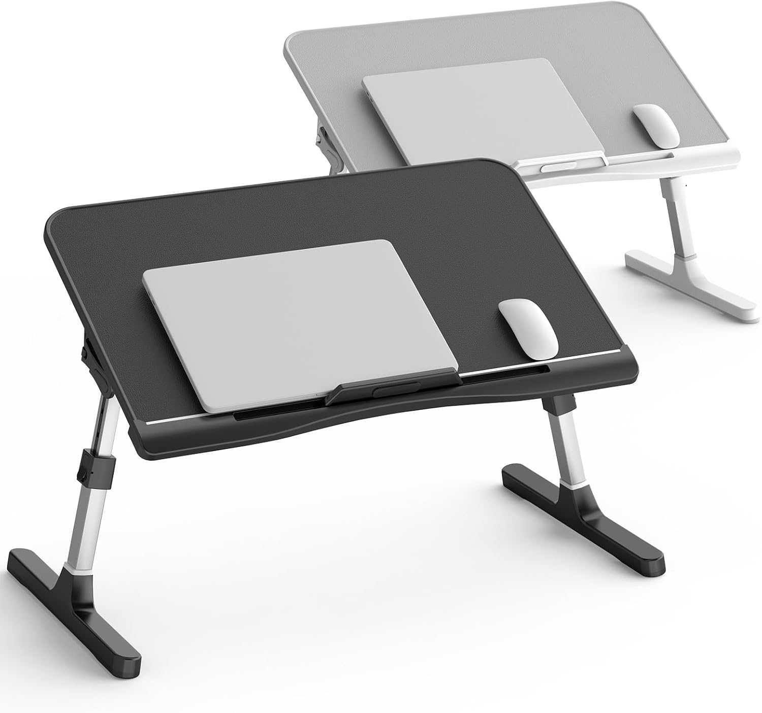 Adjustable Laptop Bed Desk, Potuopy Leather Bed Table Tray with Removable Stopper, Foldable Lap Desk for Working Writing Drawing Eating on Couch Floor Bed, Black & Grey