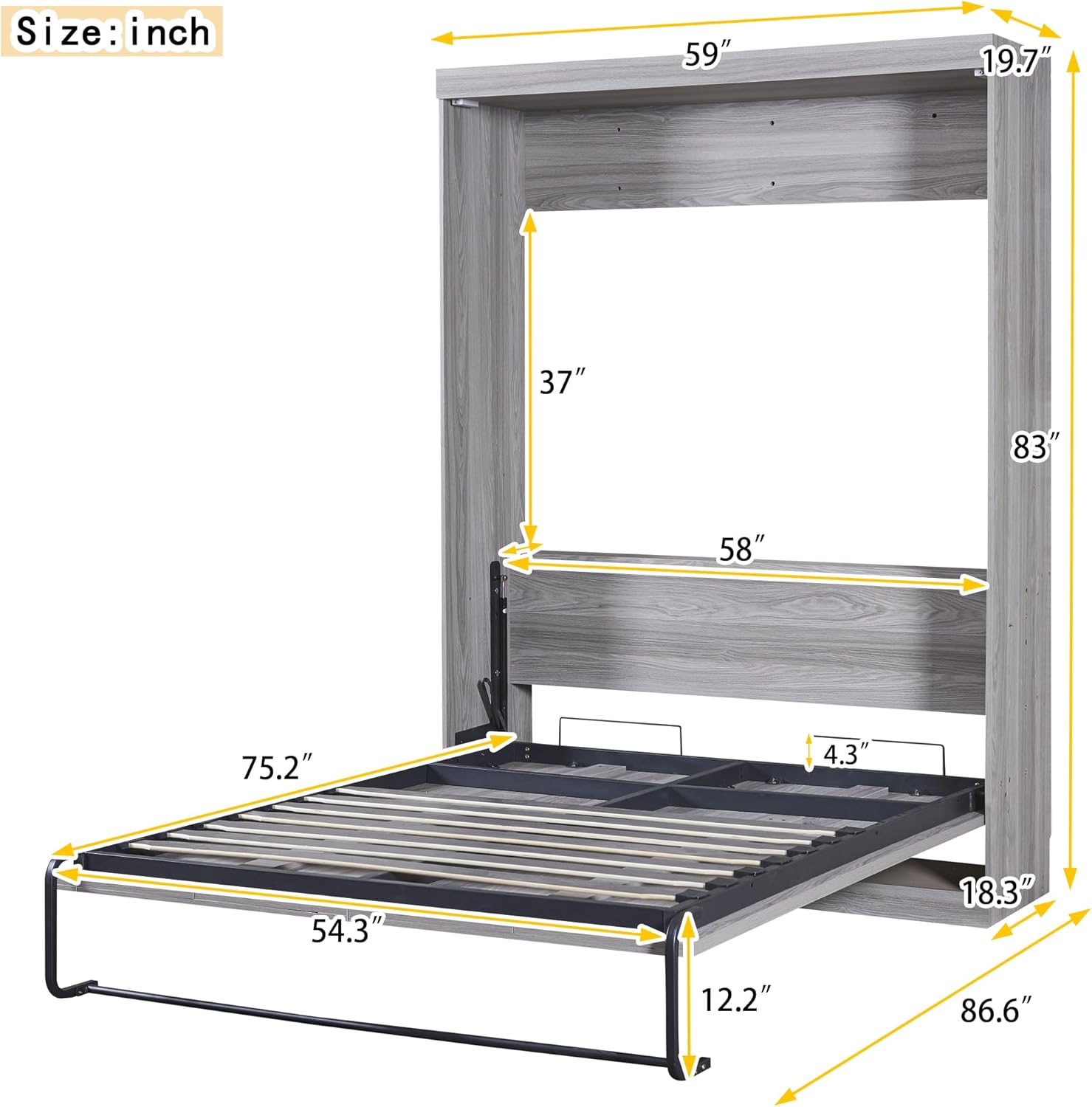 Solid Wood Full Size Murphy Bed Chest, Farmhouse 83''H Murphy Wall Bed Cabinet Bed Platform Bed for Guest Room Home Office, Space-Saving Design
